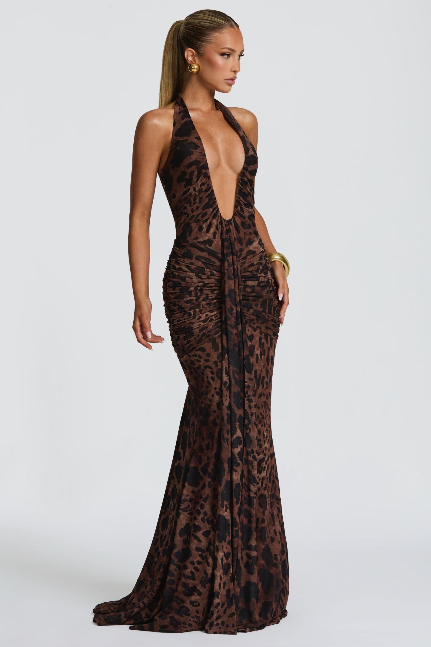 Leopard Print Halter Neck Gathering Maxi Dress