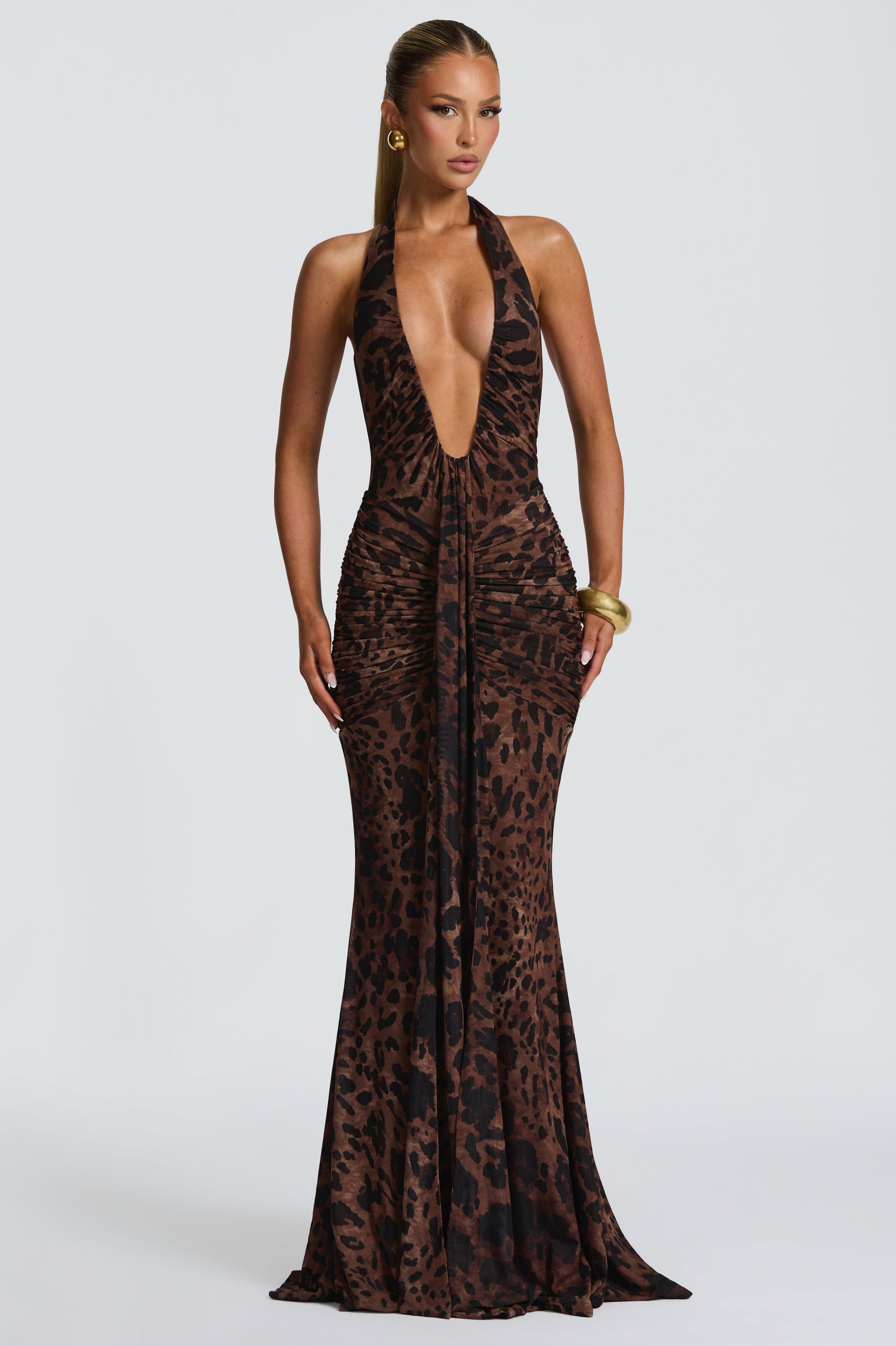 Leopard Print Halter Neck Gathering Maxi Dress