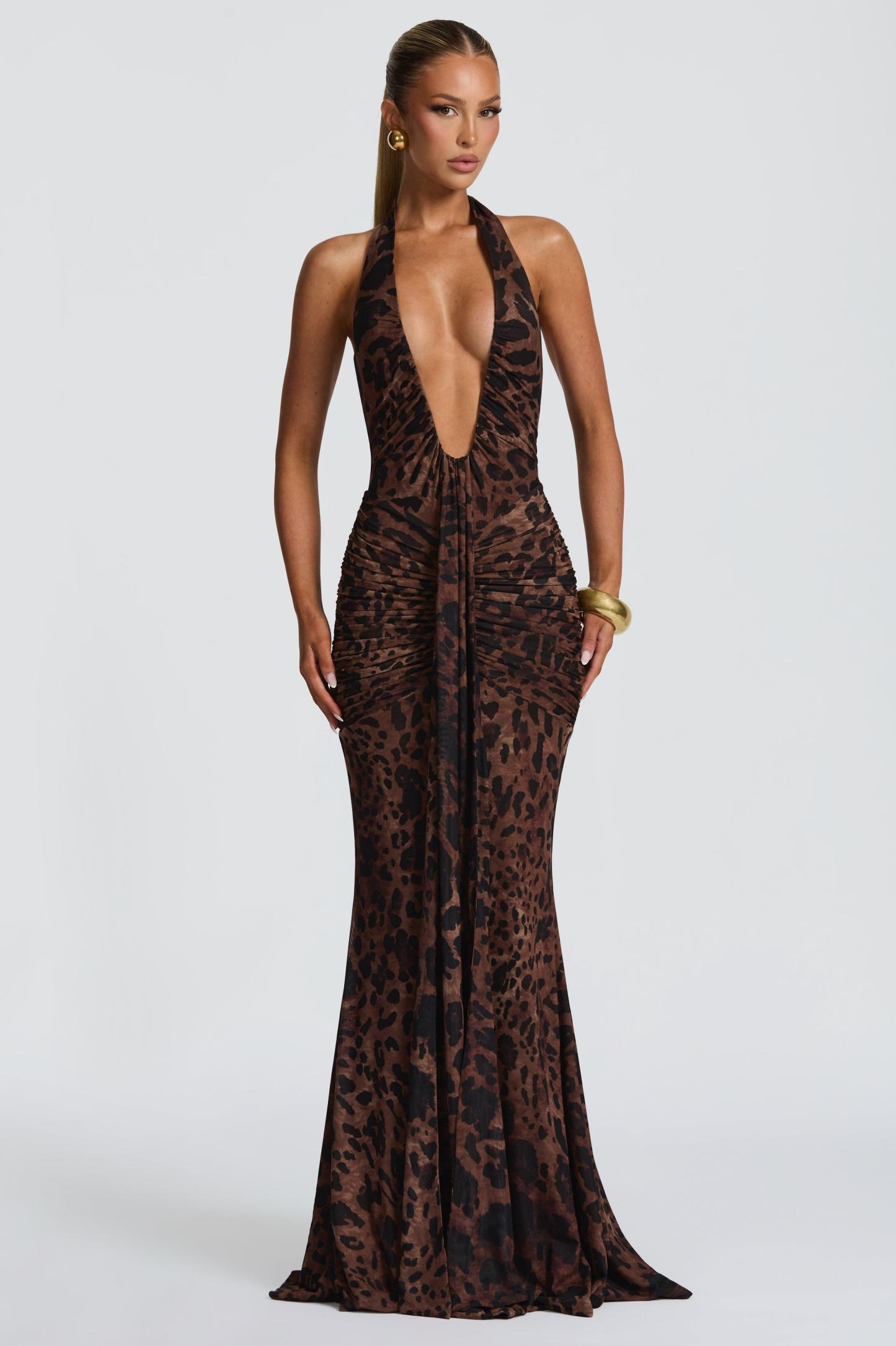 Leopard Print Halter Neck Gathering Maxi Dress