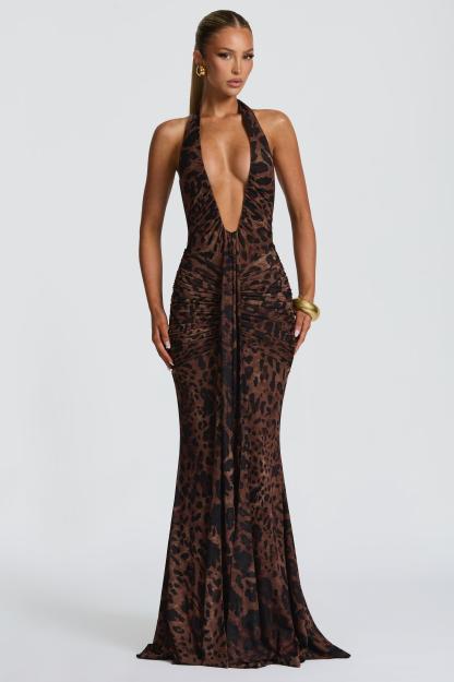 Leopard Print Halter Neck Gathering Maxi Dress