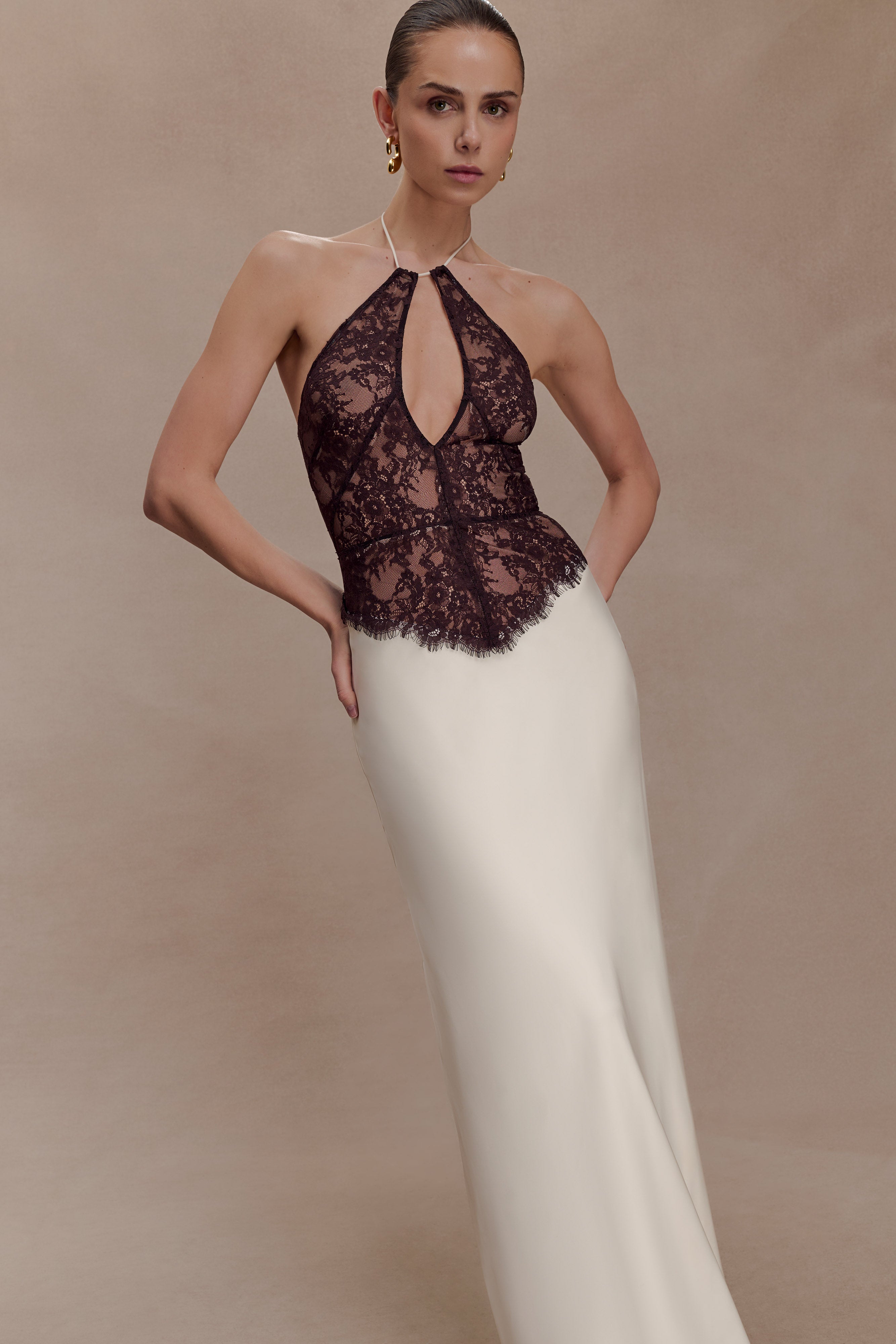 Lace Splicing Satin Halter Neck Maxi Dress