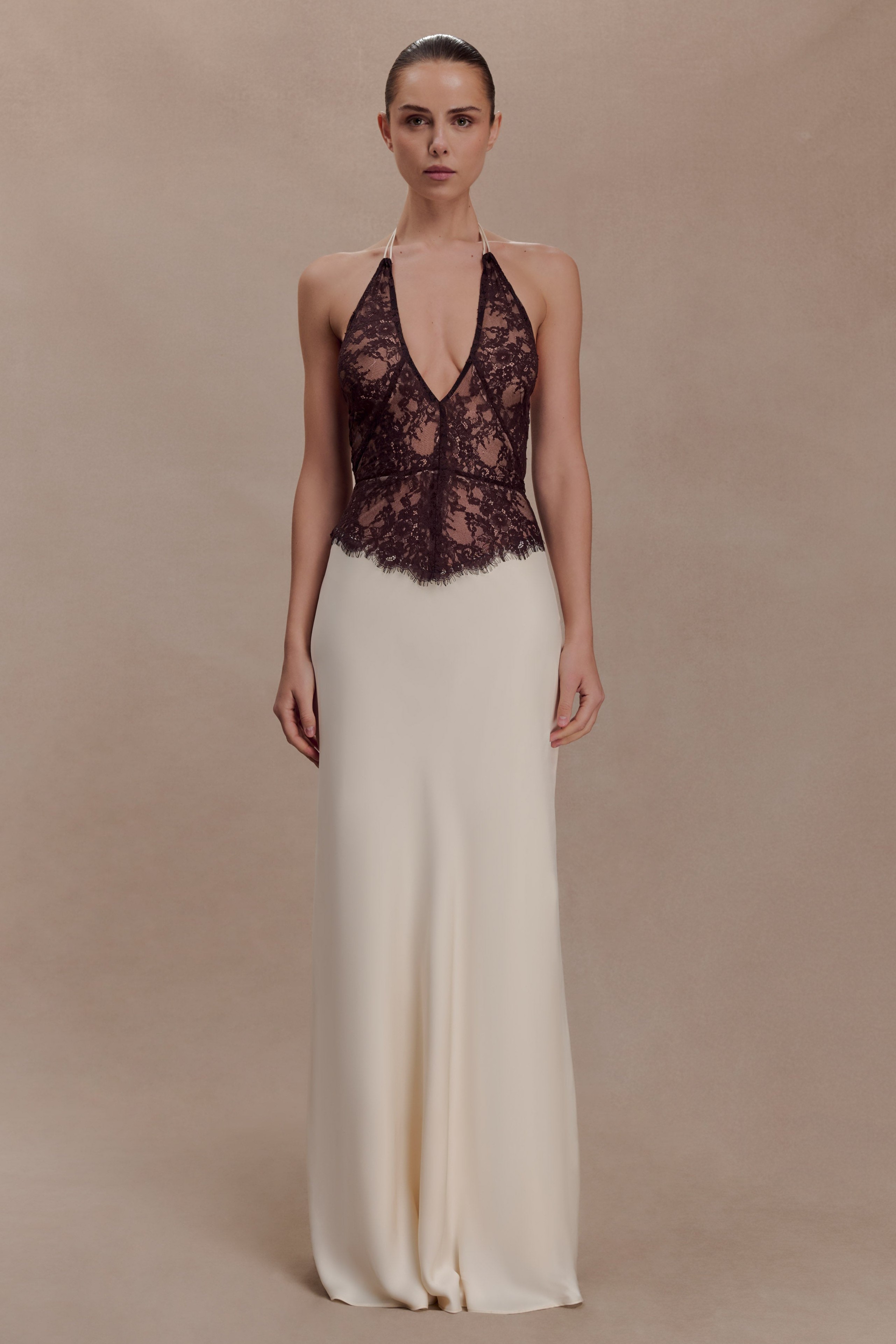 Lace Splicing Satin Halter Neck Maxi Dress