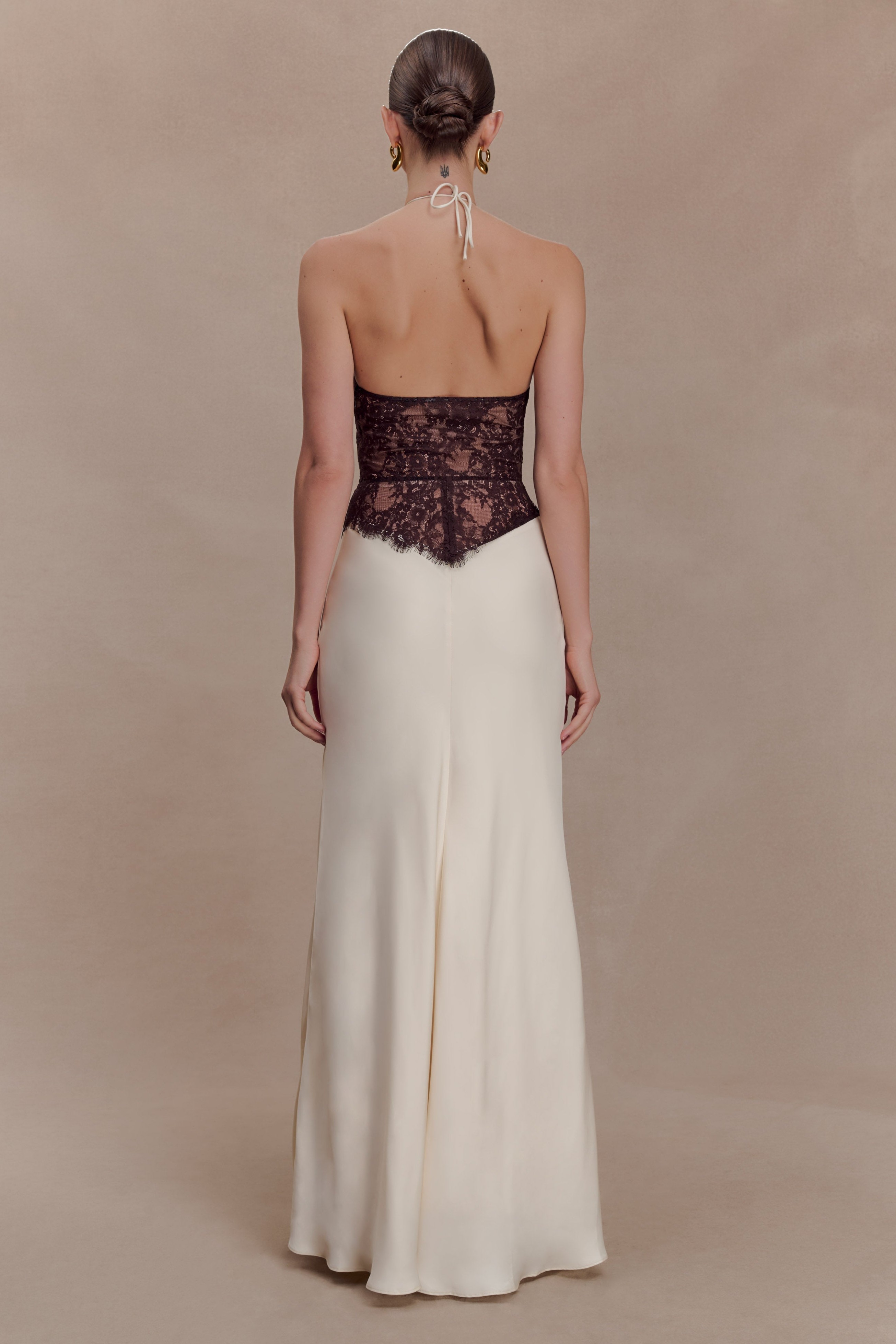 Lace Splicing Satin Halter Neck Maxi Dress