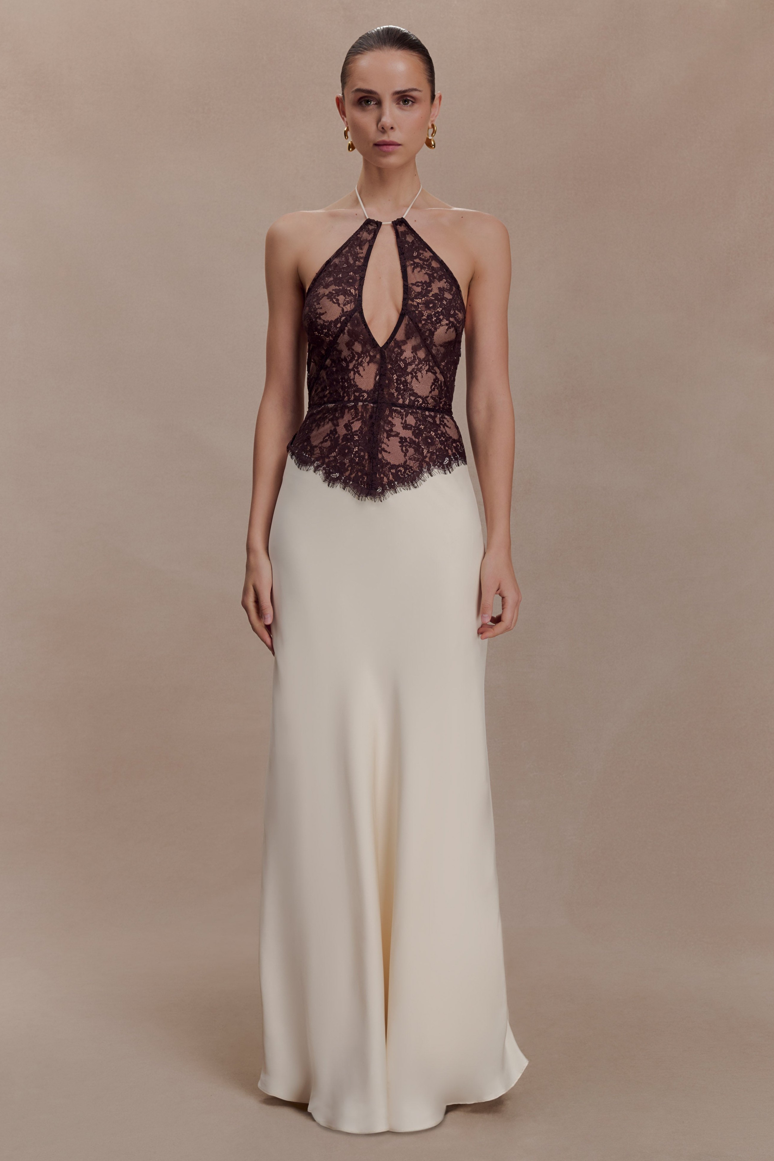 Lace Splicing Satin Halter Neck Maxi Dress