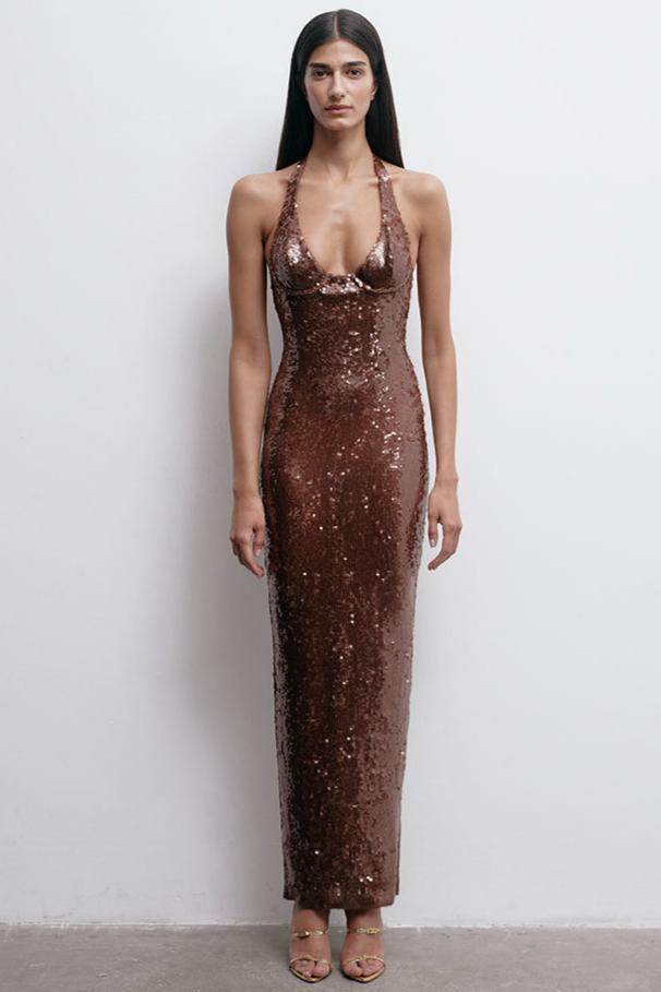Sequin Halter Neck Tie-Up Maxi Dress