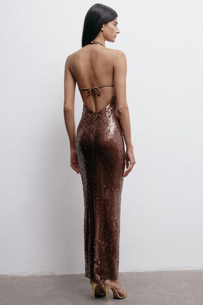 Sequin Halter Neck Tie-Up Maxi Dress