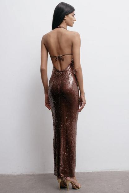 Sequin Halter Neck Tie-Up Maxi Dress