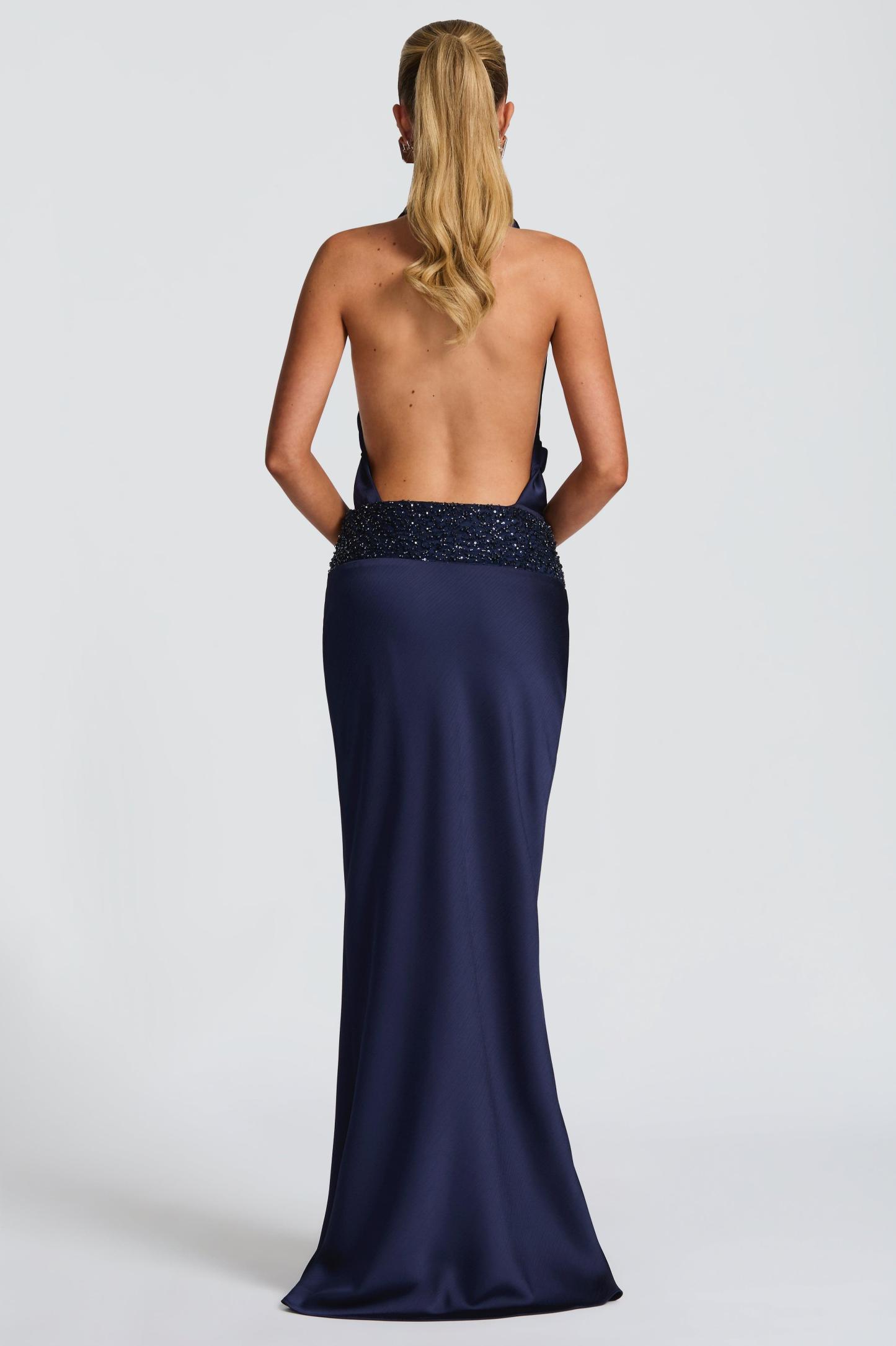 Satin Halter Neck Beaded Embroidered Maxi Dress