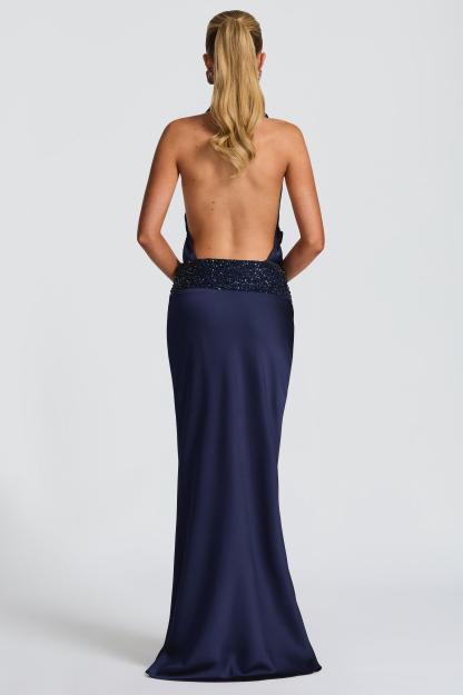 Satin Halter Neck Beaded Embroidered Maxi Dress