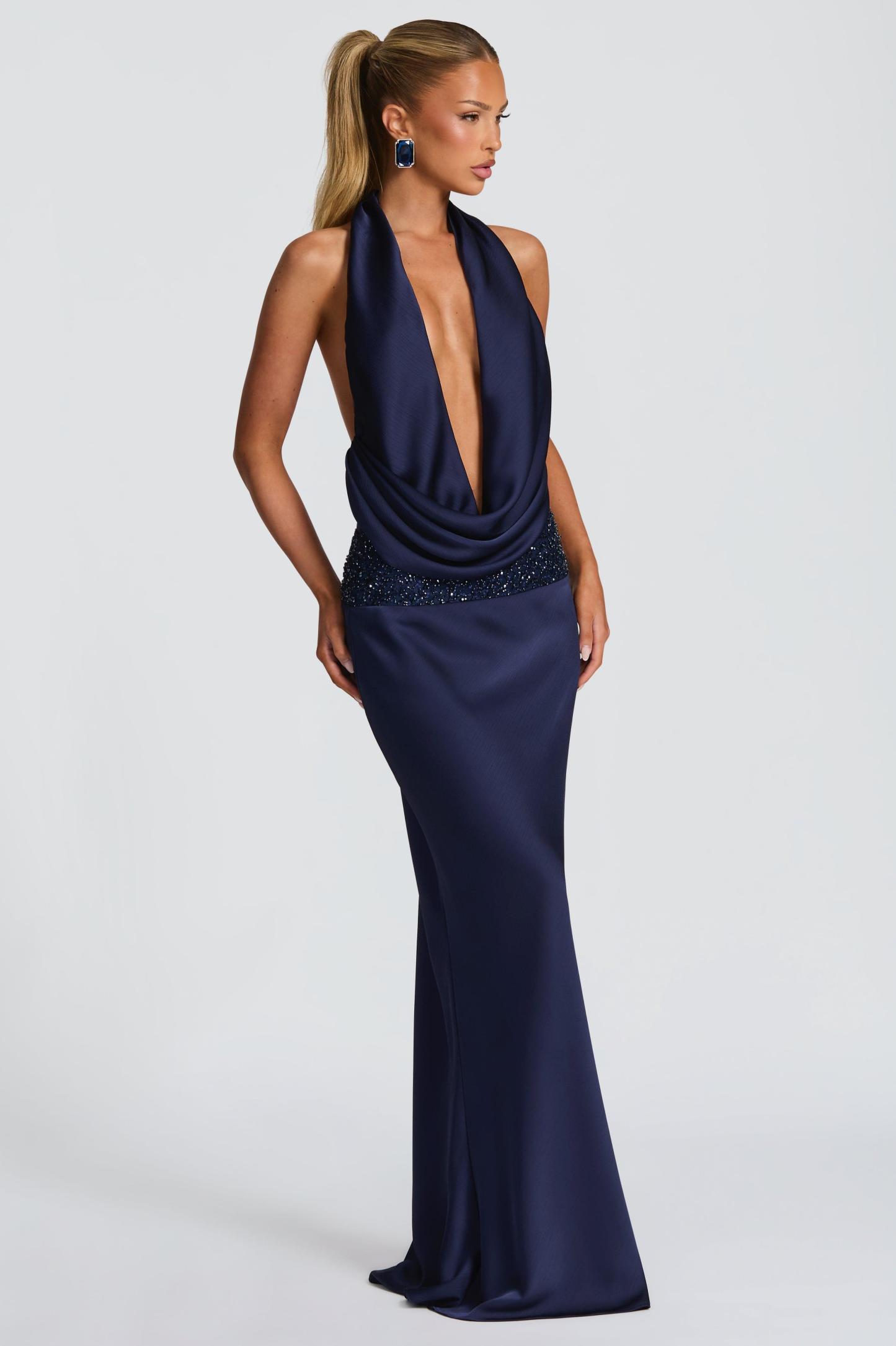 Satin Halter Neck Beaded Embroidered Maxi Dress