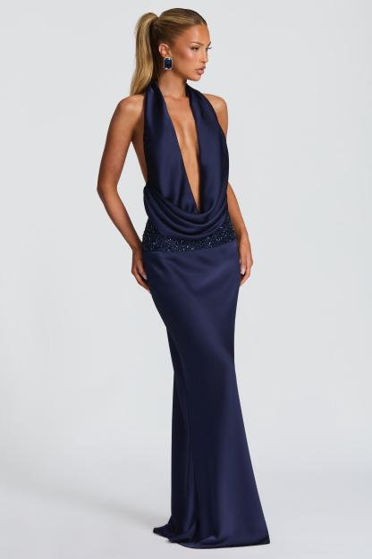 Satin Halter Neck Beaded Embroidered Maxi Dress