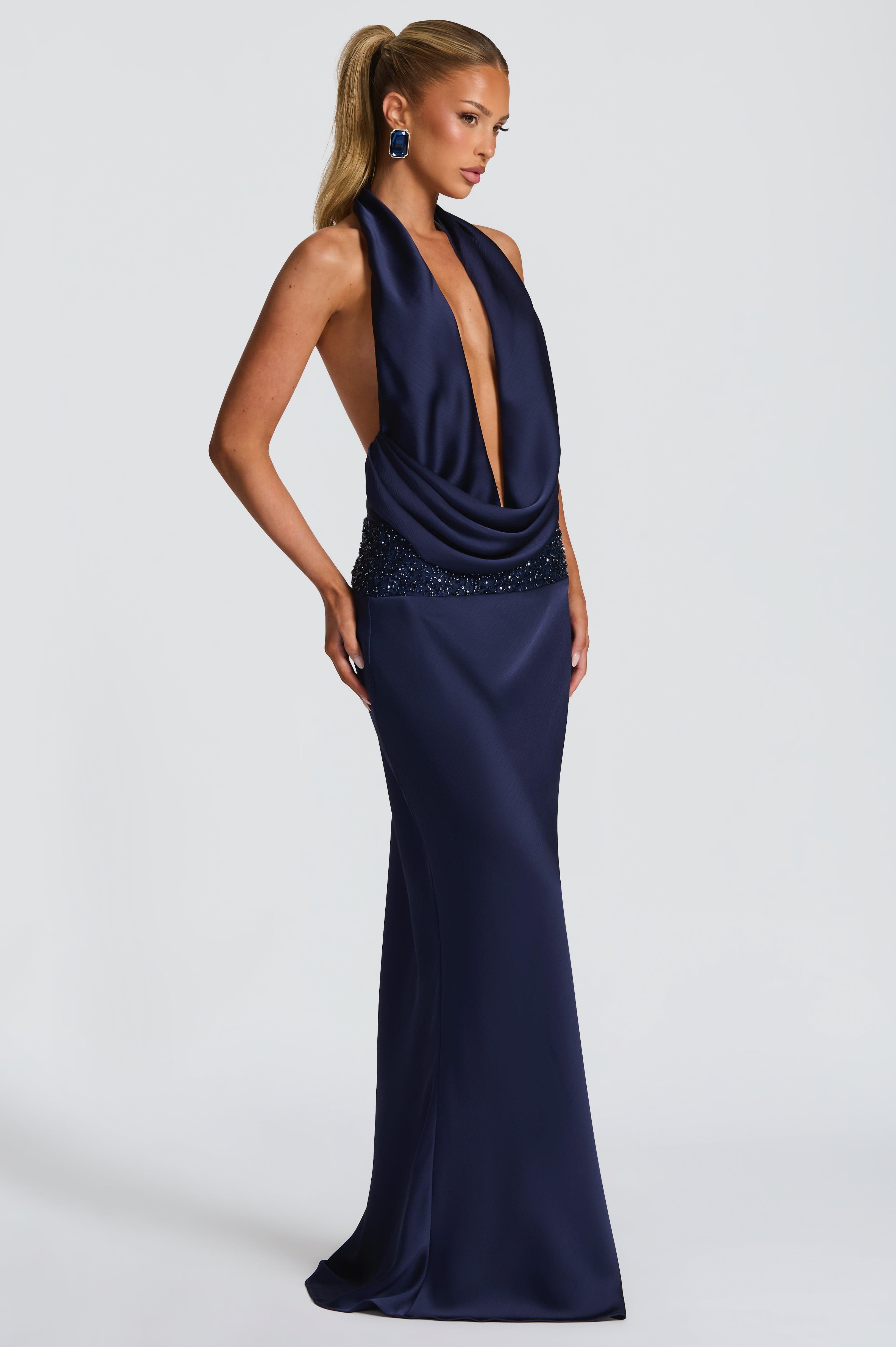 Satin Halter Neck Beaded Embroidered Maxi Dress