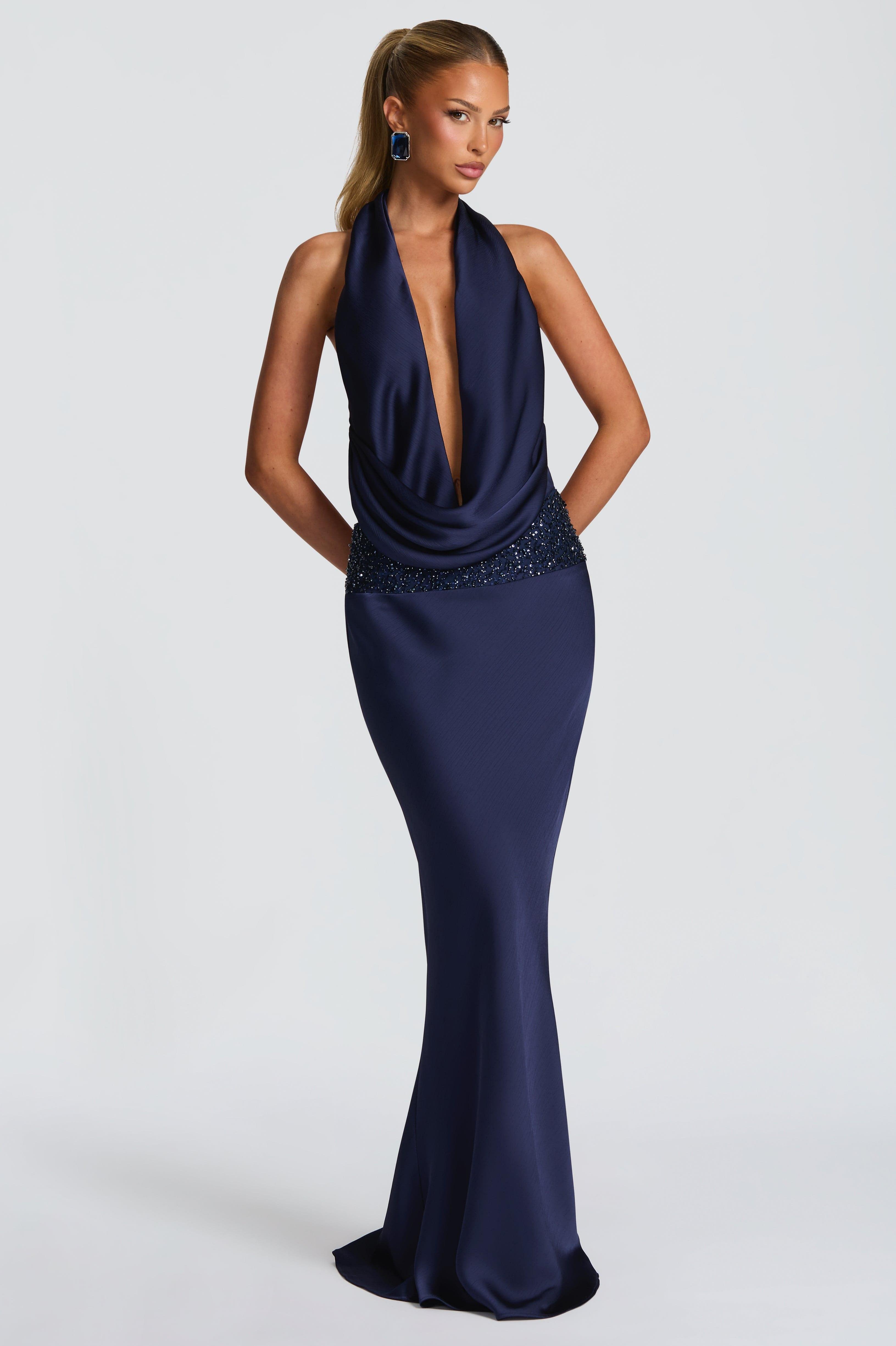 Satin Halter Neck Beaded Embroidered Maxi Dress