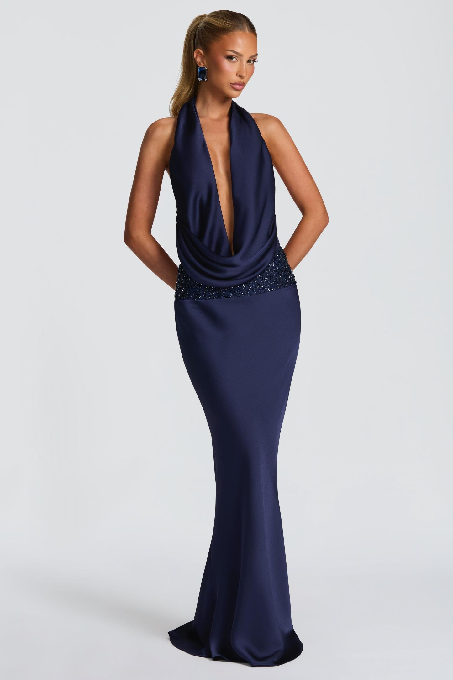 Satin Halter Neck Beaded Embroidered Maxi Dress
