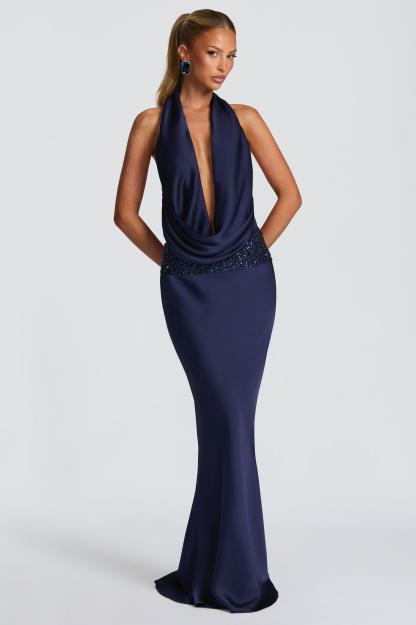 Satin Halter Neck Beaded Embroidered Maxi Dress
