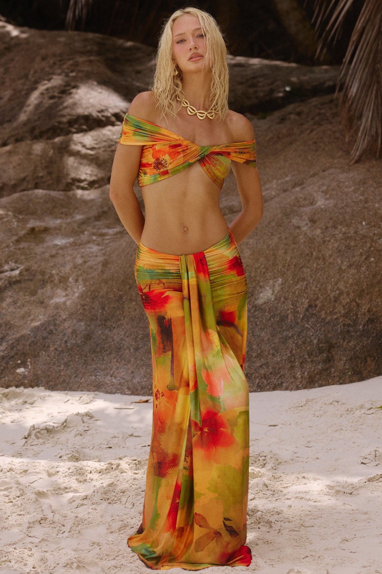 Abstract Print Off Shoulder Bikini Three Piece Set