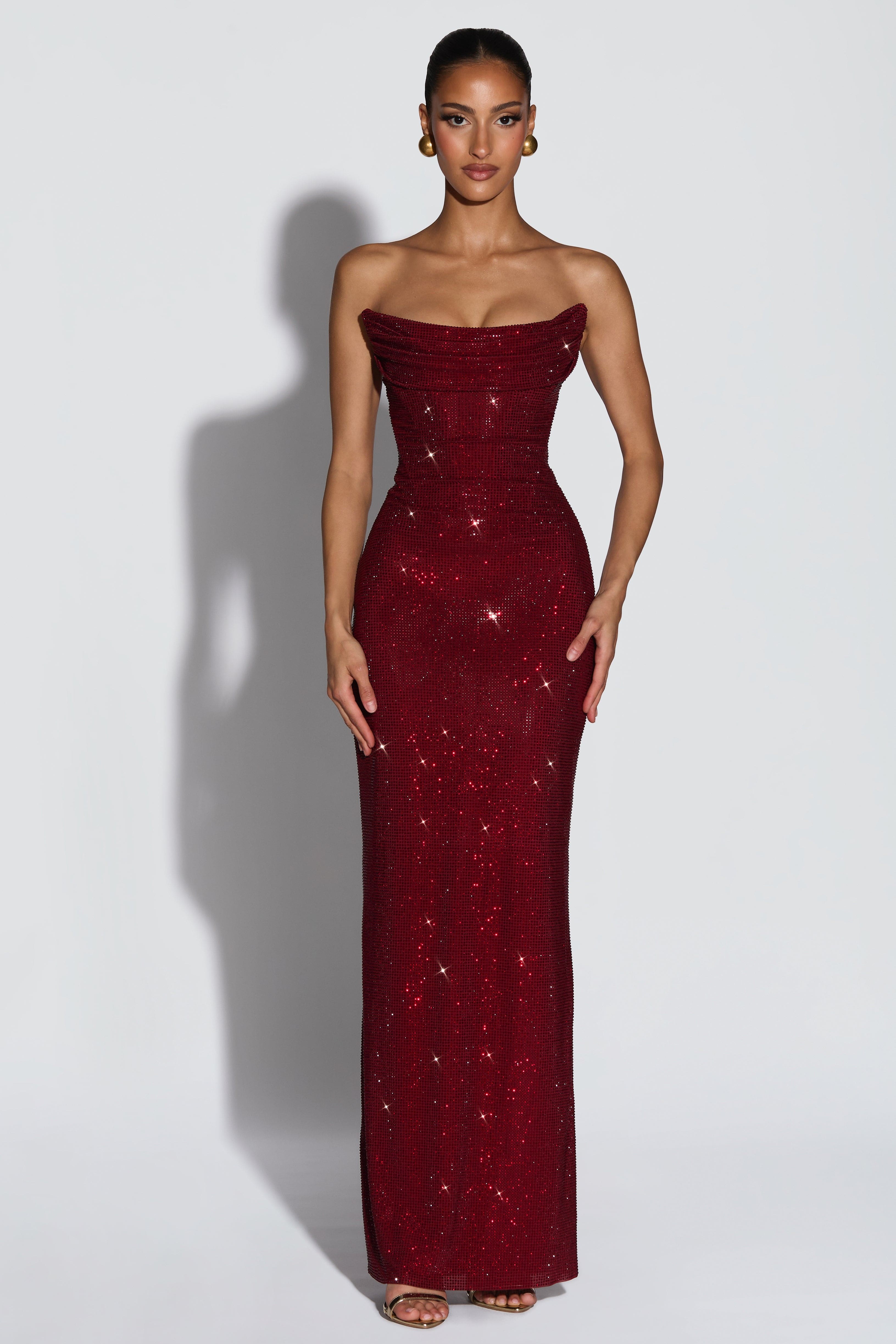 Rhinestone Off Shoulder Corset Maxi Dress