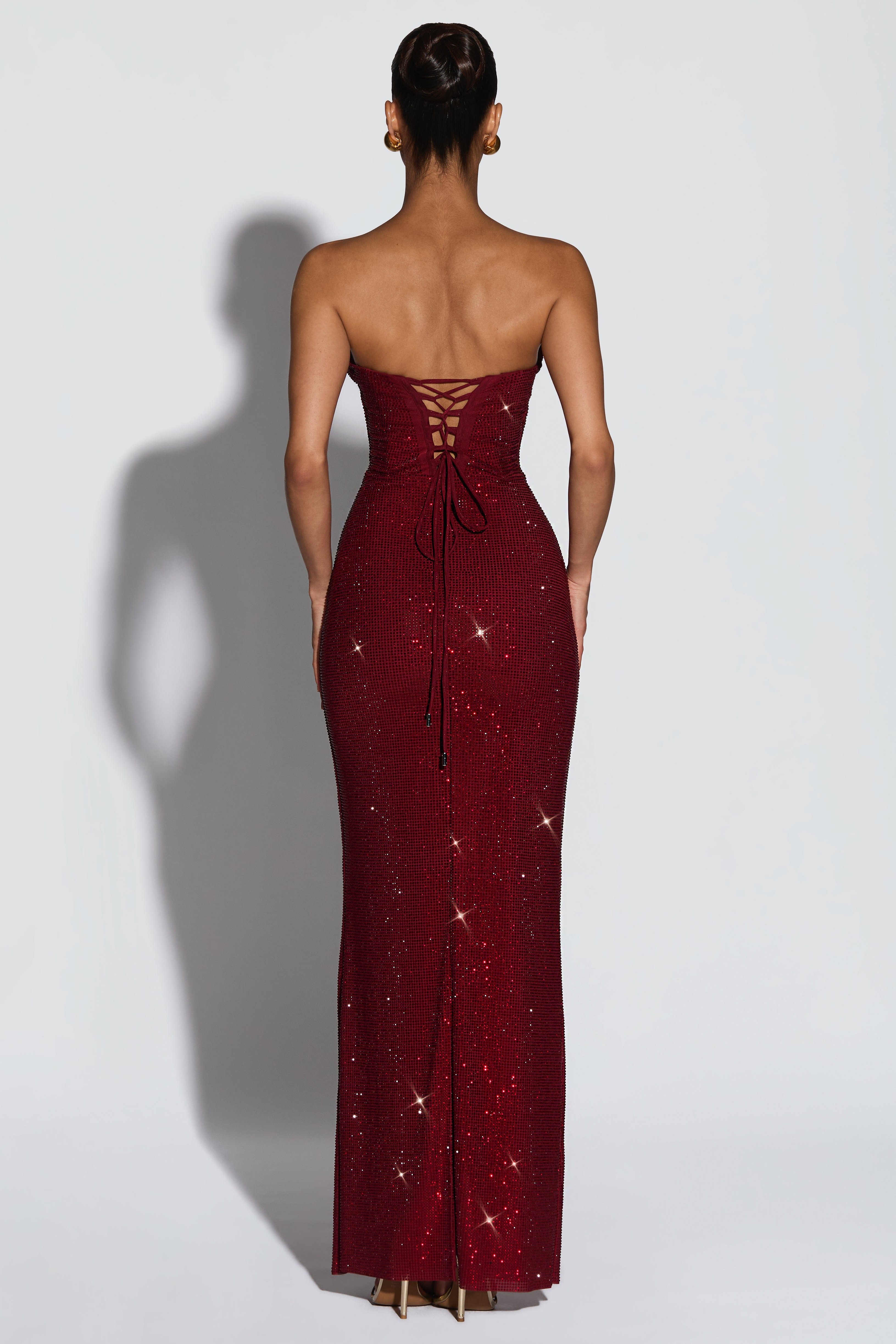 Rhinestone Off Shoulder Corset Maxi Dress