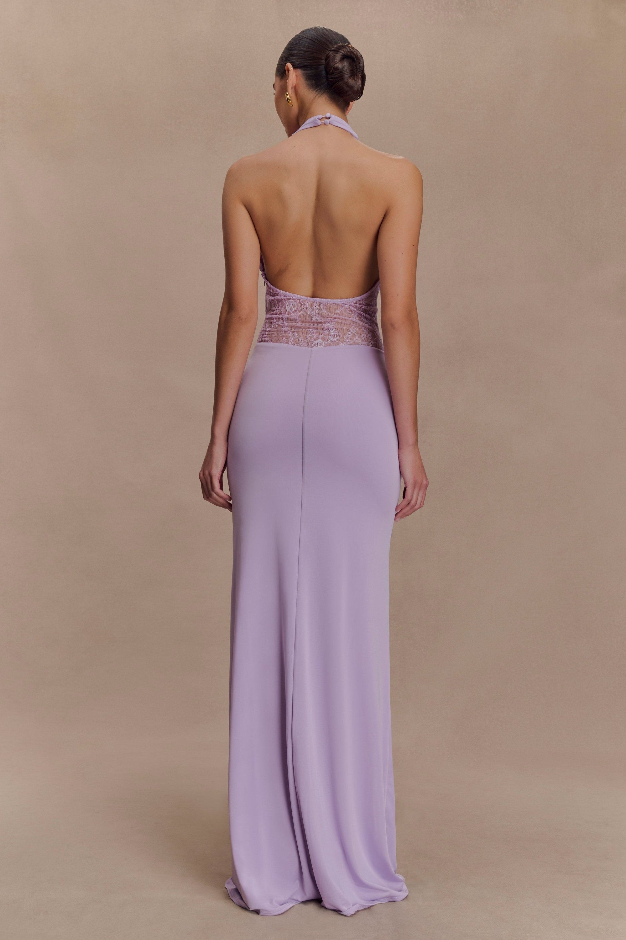 Jersey Splicing Lace Halter Neck Gathering Maxi Dress