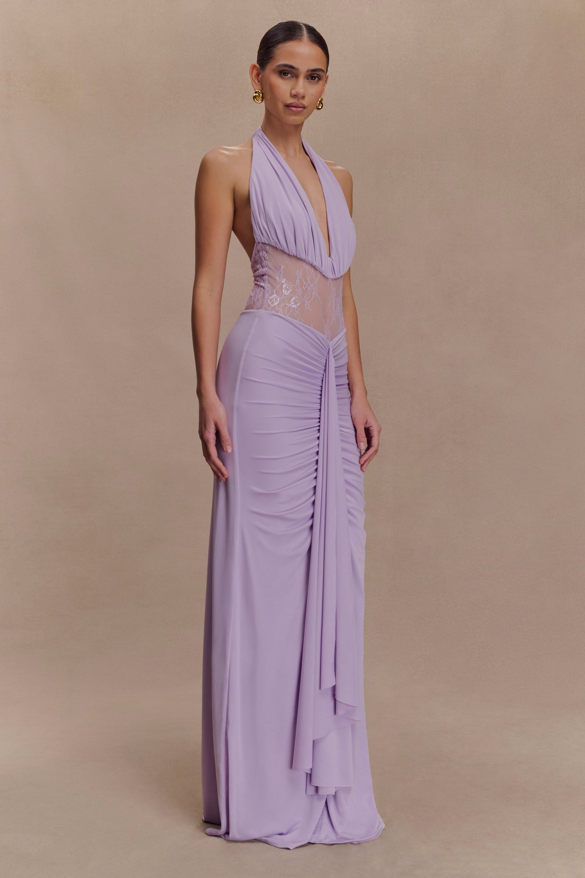 Jersey Splicing Lace Halter Neck Gathering Maxi Dress
