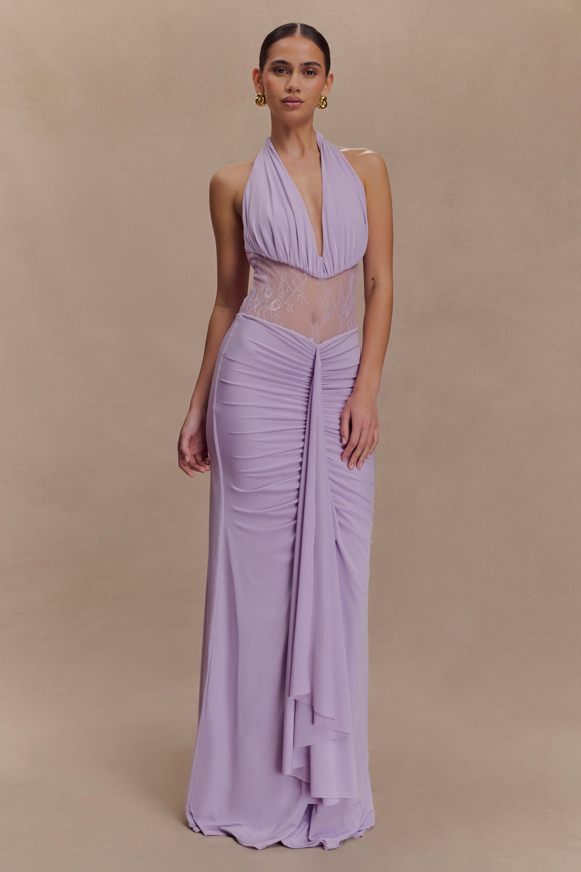 Jersey Splicing Lace Halter Neck Gathering Maxi Dress