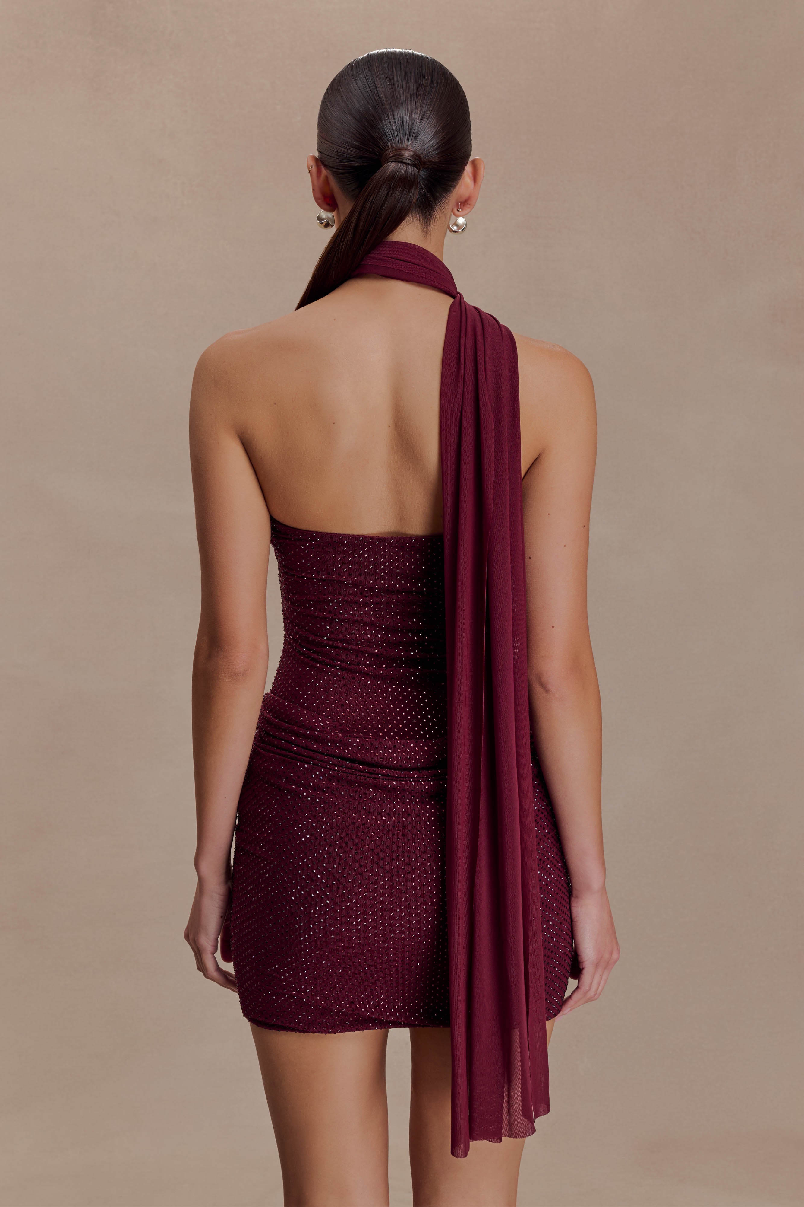 Mesh Rhinestone Halter Neck Mini Dress