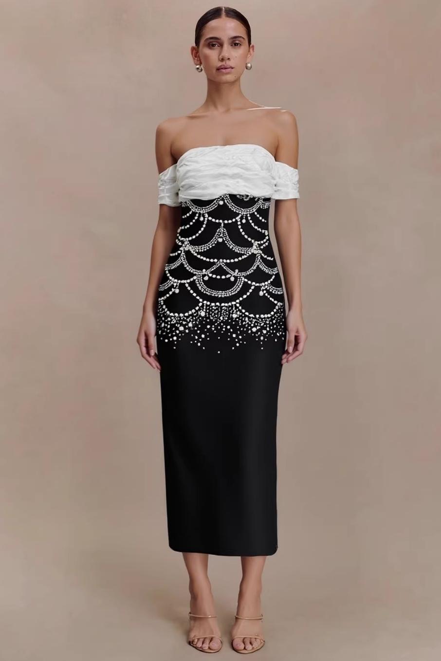 Bandage Splicing Satin Rhinestone Midi Dress