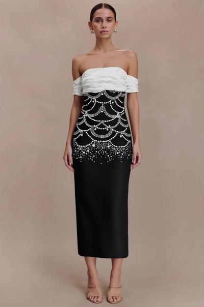 Bandage Splicing Satin Rhinestone Midi Dress