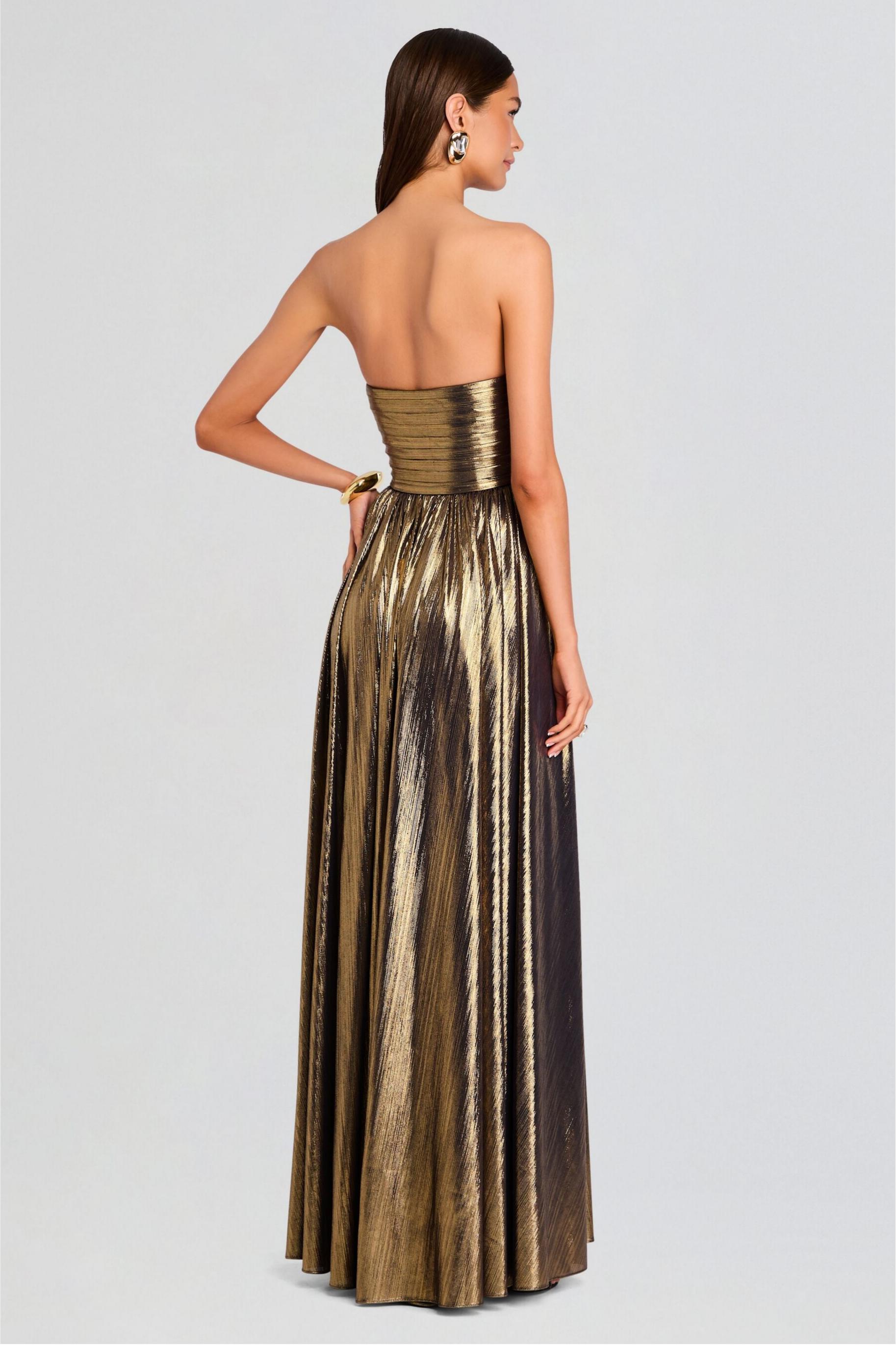 Metallic Fabric Off-Shoulder Slit Maxi Dress