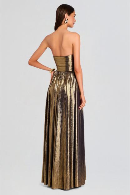 Metallic Fabric Off-Shoulder Slit Maxi Dress