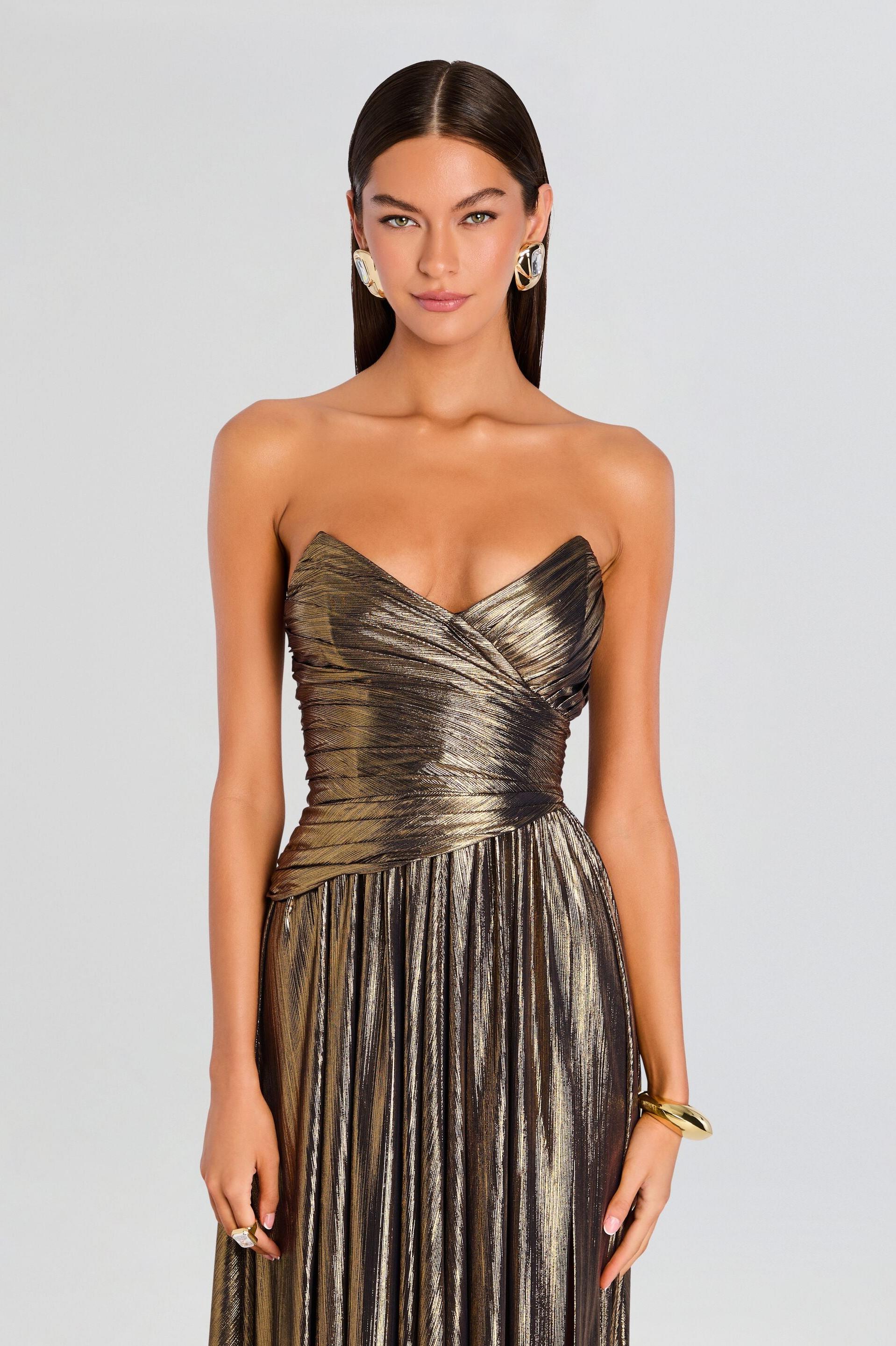 Metallic Fabric Off-Shoulder Slit Maxi Dress