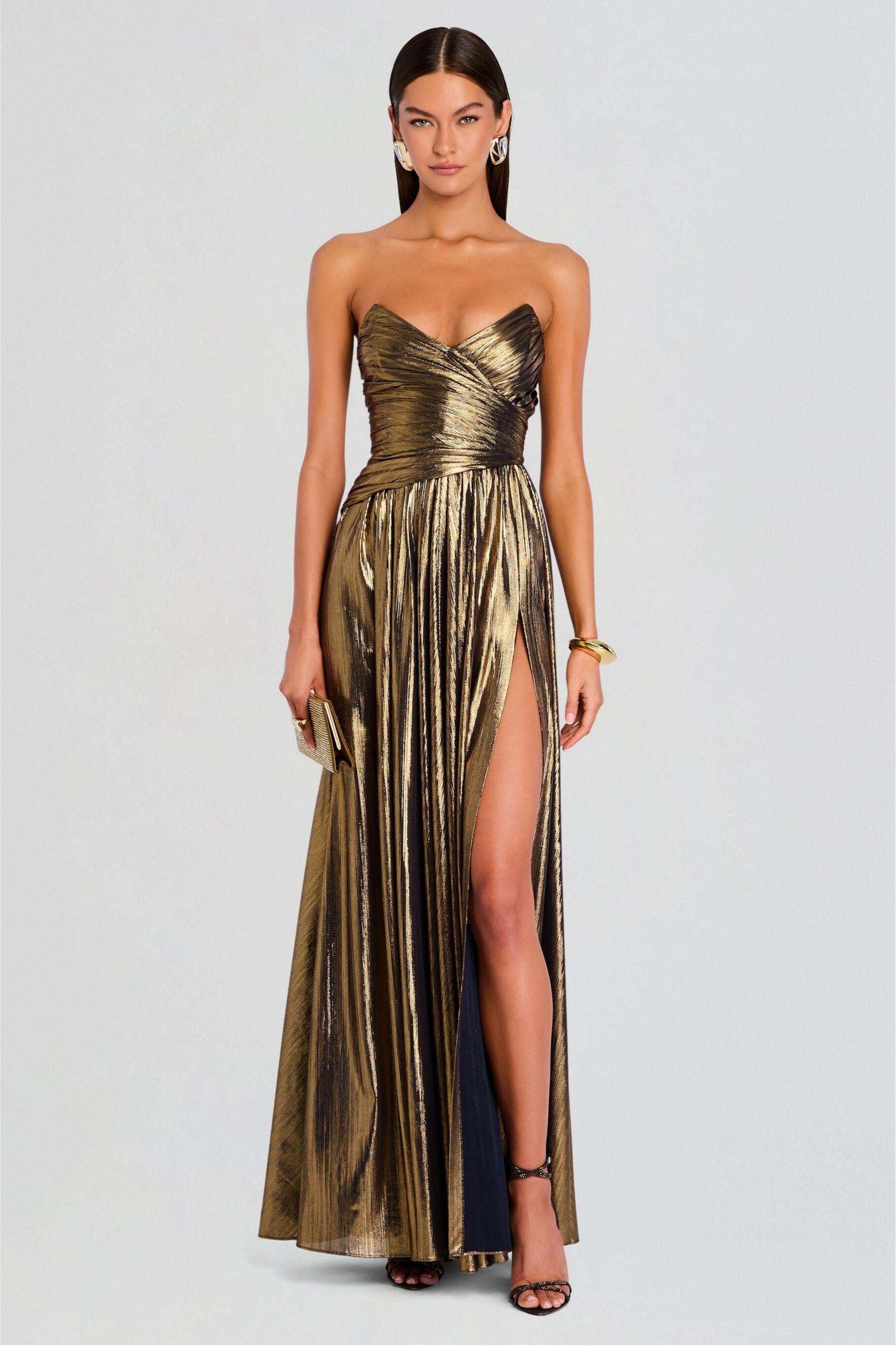 Metallic Fabric Off-Shoulder Slit Maxi Dress