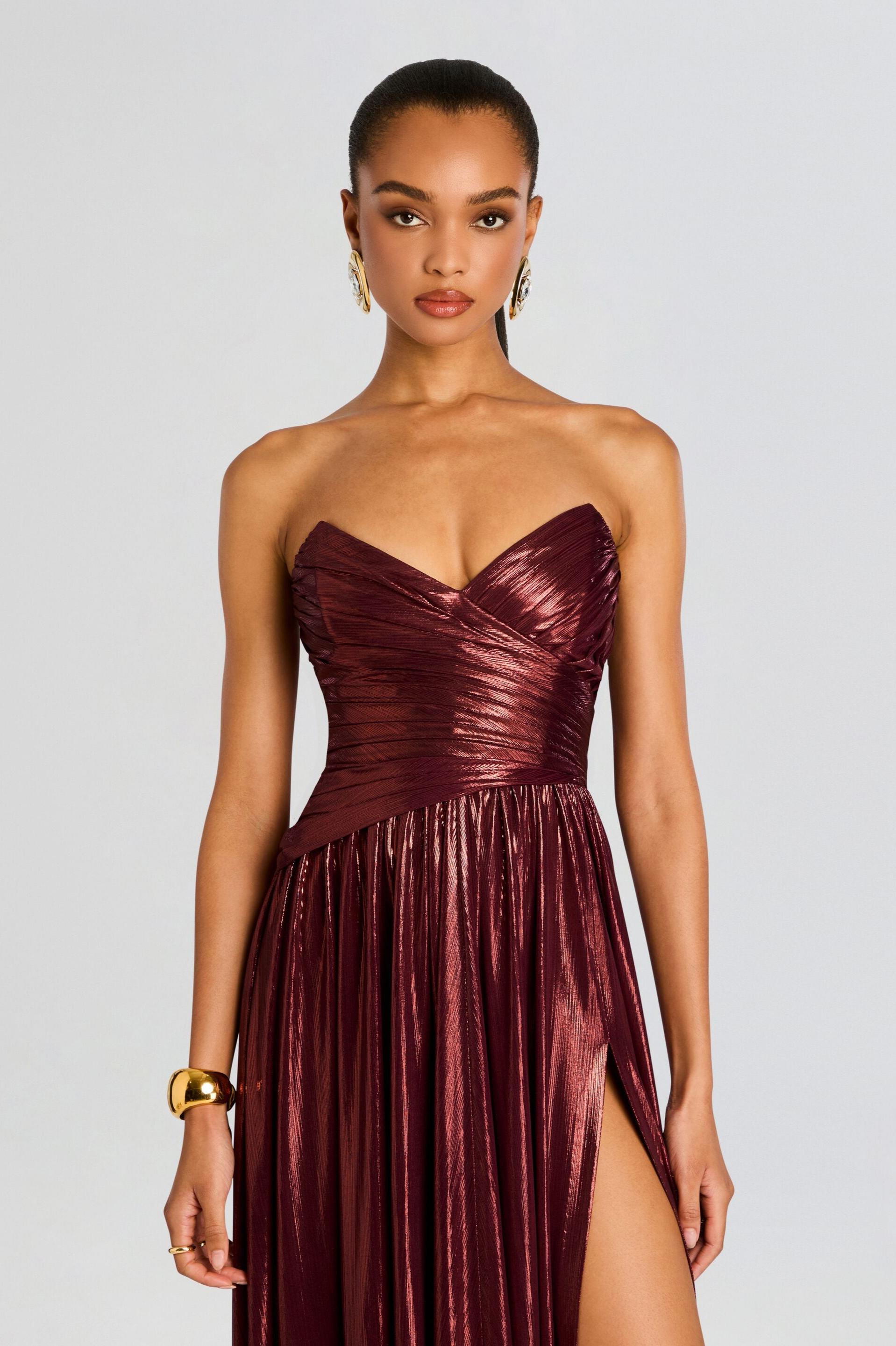 Metallic Fabric Off-Shoulder Slit Maxi Dress