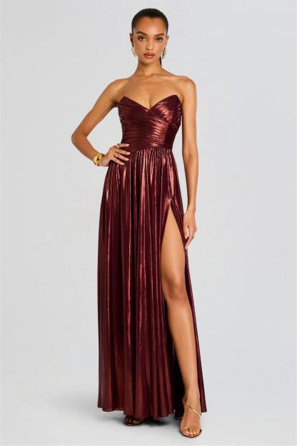 Metallic Fabric Off-Shoulder Slit Maxi Dress