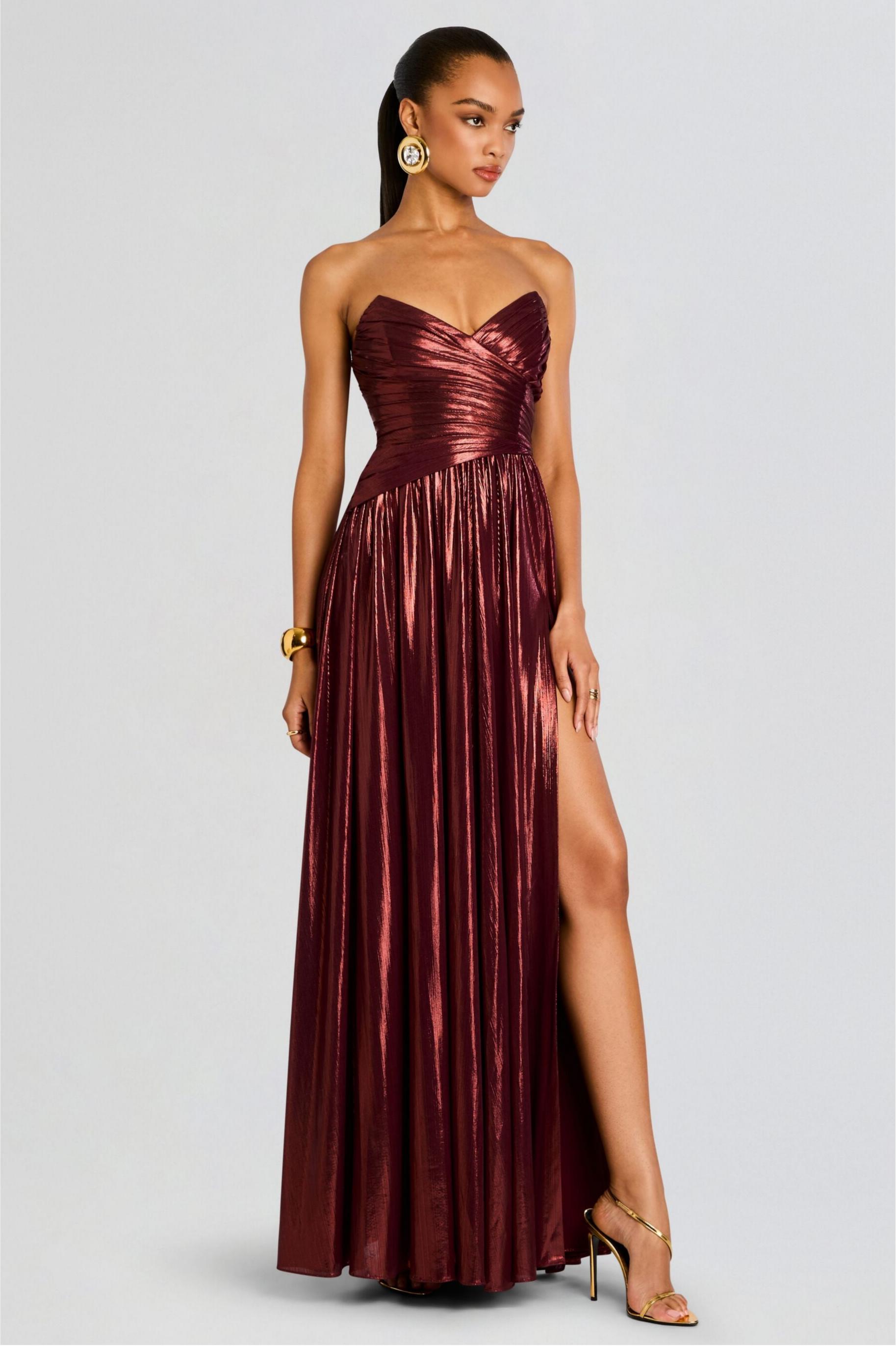 Metallic Fabric Off-Shoulder Slit Maxi Dress