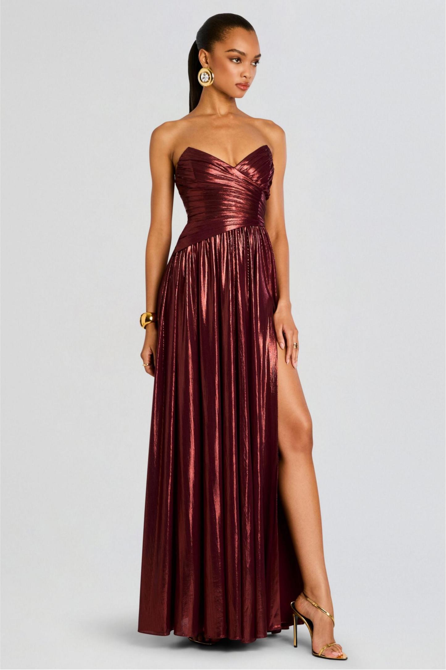 Metallic Fabric Off-Shoulder Slit Maxi Dress