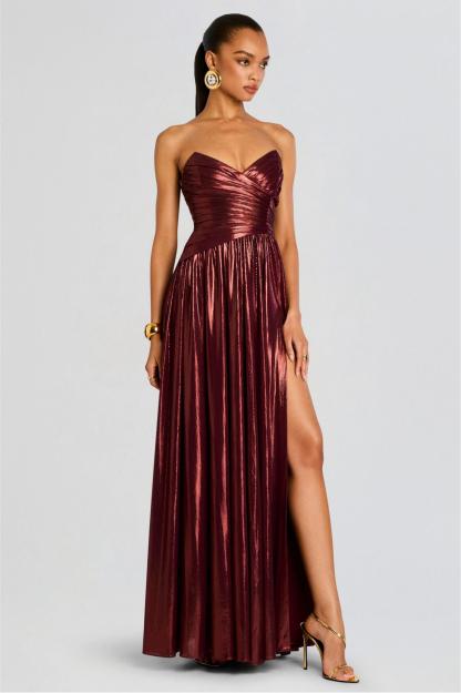 Metallic Fabric Off-Shoulder Slit Maxi Dress