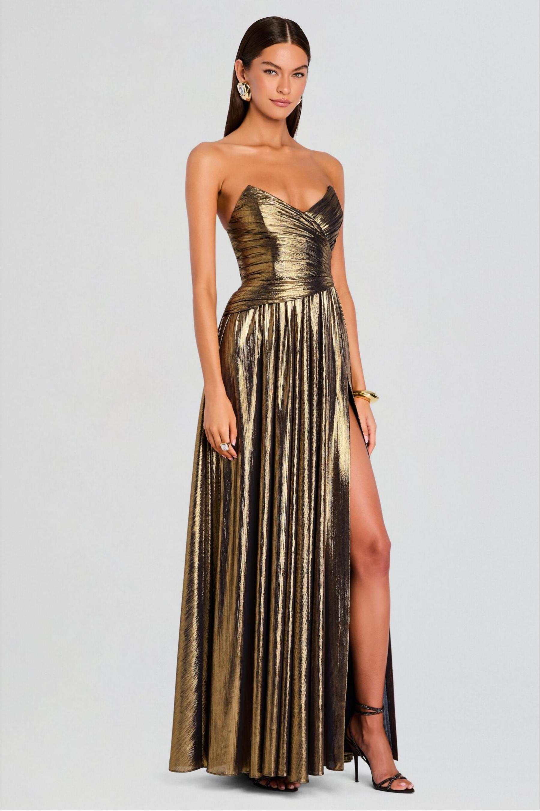 Metallic Fabric Off-Shoulder Slit Maxi Dress