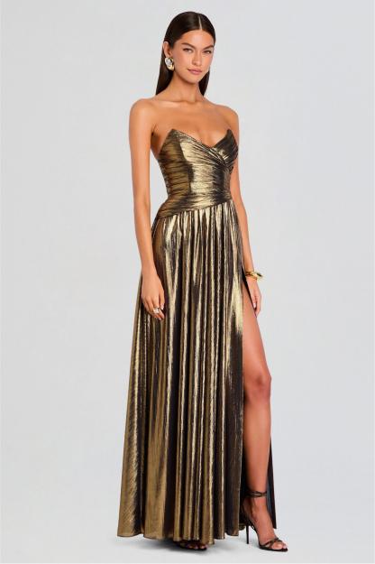 Metallic Fabric Off-Shoulder Slit Maxi Dress