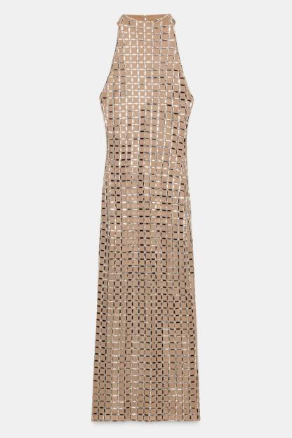 Mesh Rhinestone Halter Neck Maxi Dress