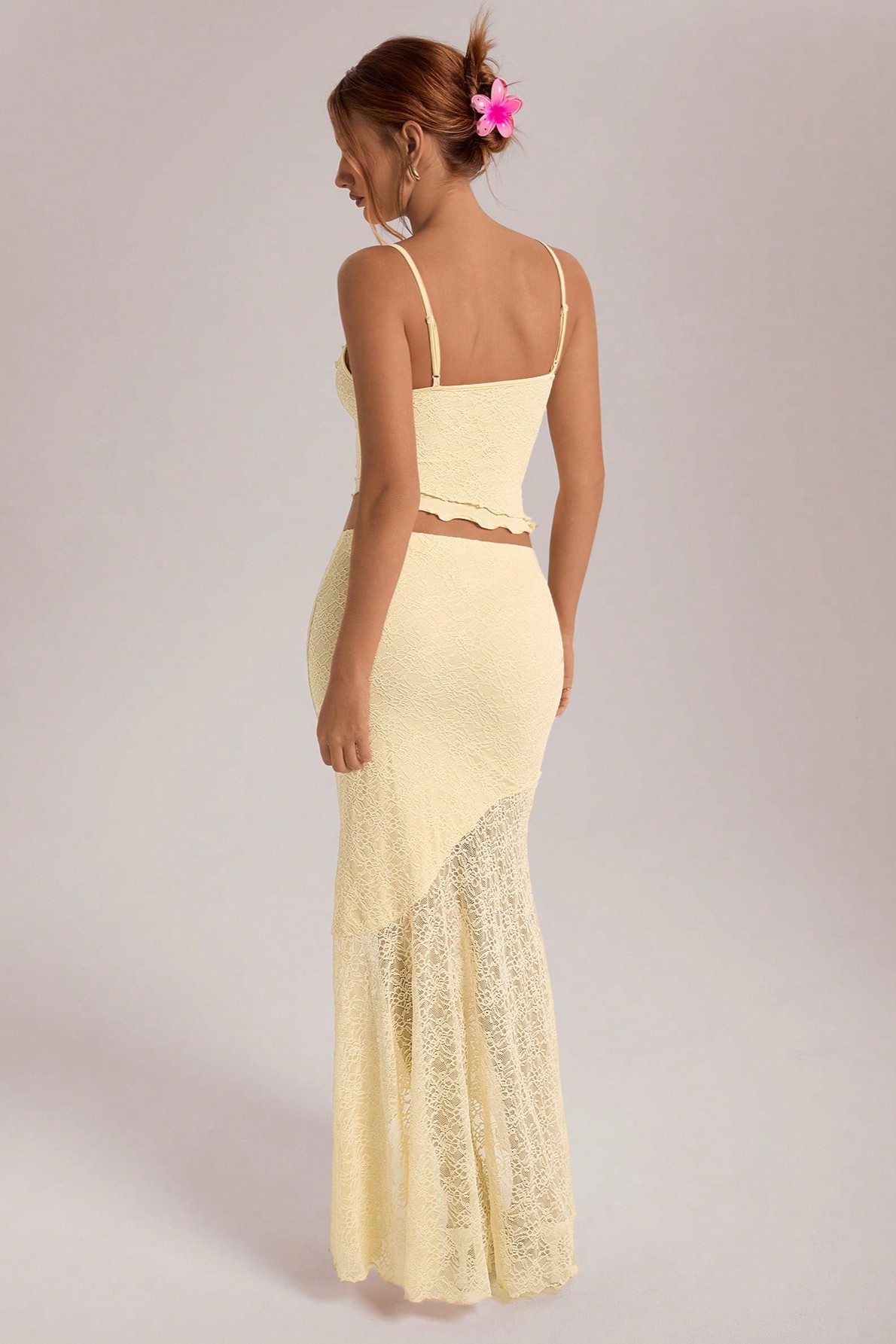 Lace Ruffle Top & High Waist See-Through Midi Skirt Set