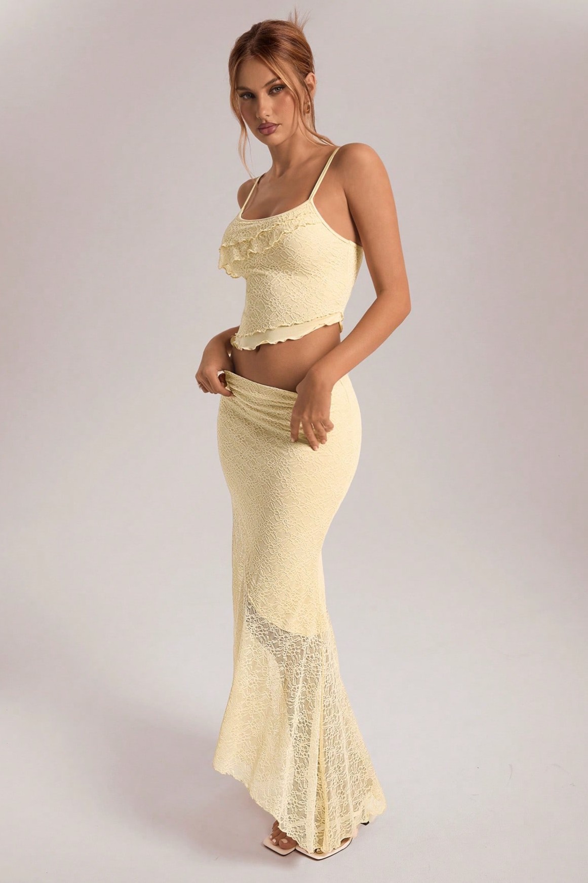 Lace Ruffle Top & High Waist See-Through Midi Skirt Set
