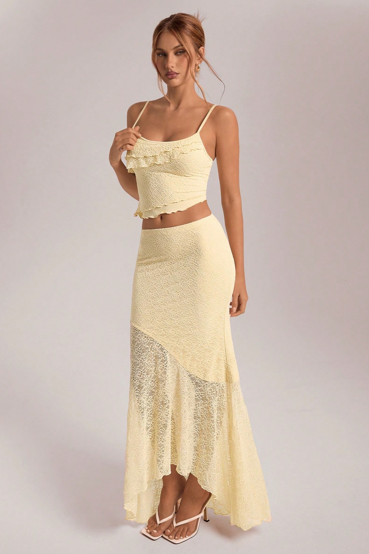Lace Ruffle Top & High Waist See-Through Midi Skirt Set