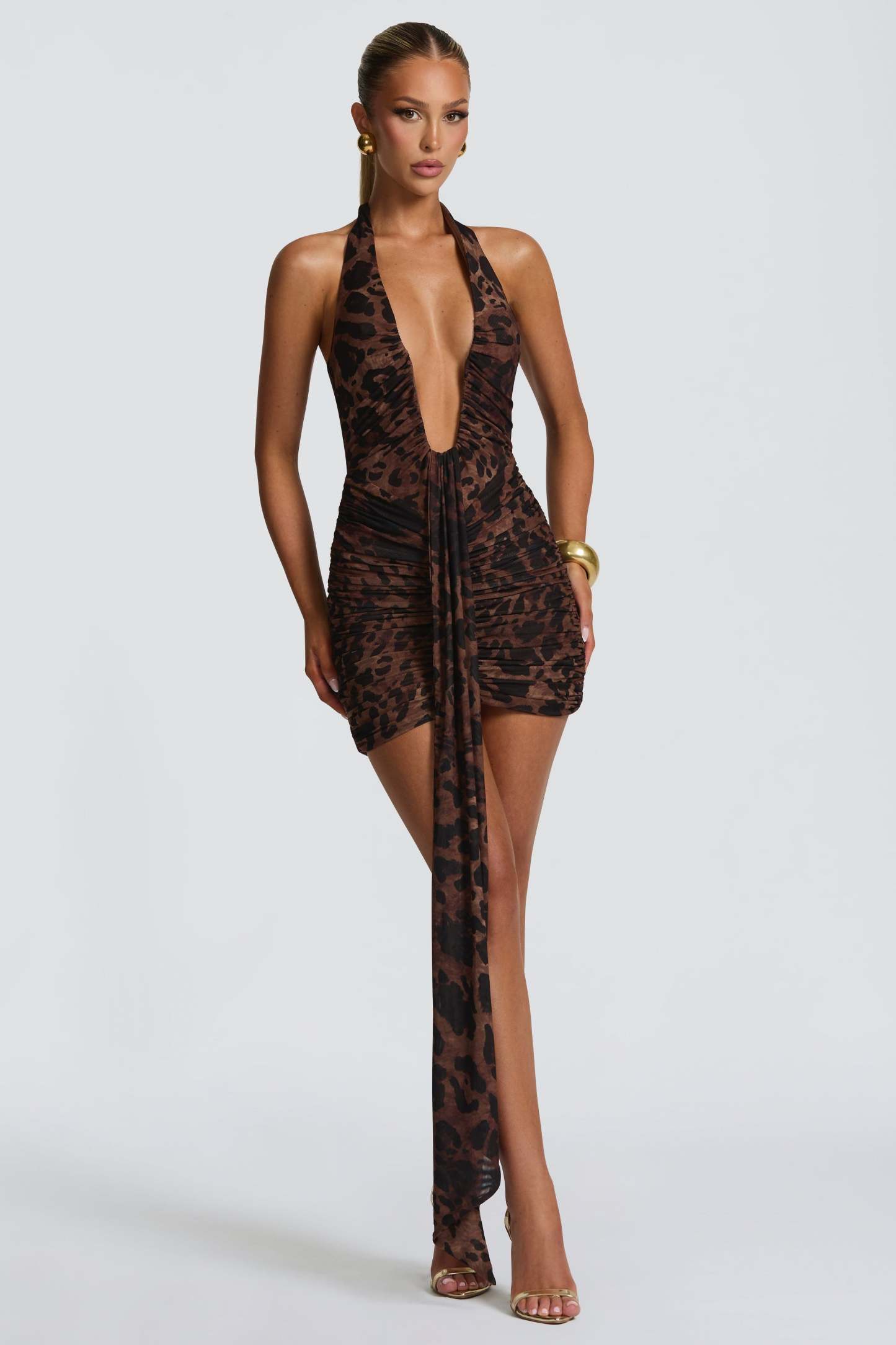 Animal Print Halter Neck Gathering Mini Dress