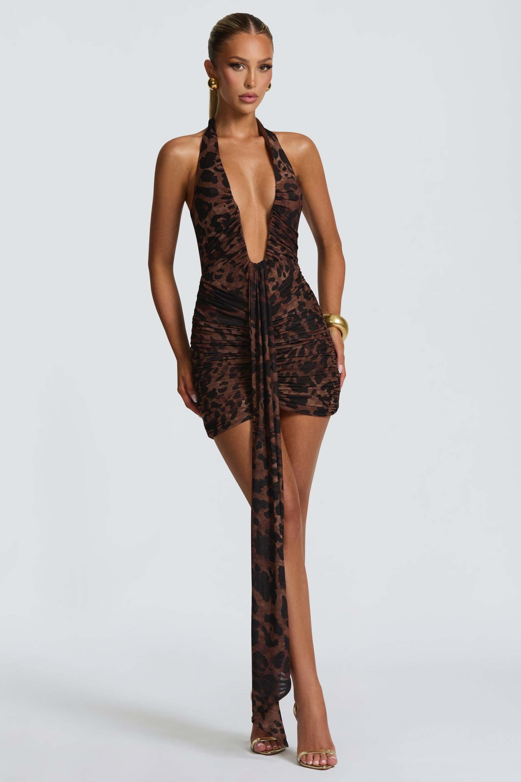Animal Print Halter Neck Gathering Mini Dress