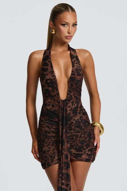 Animal Print Halter Neck Gathering Mini Dress