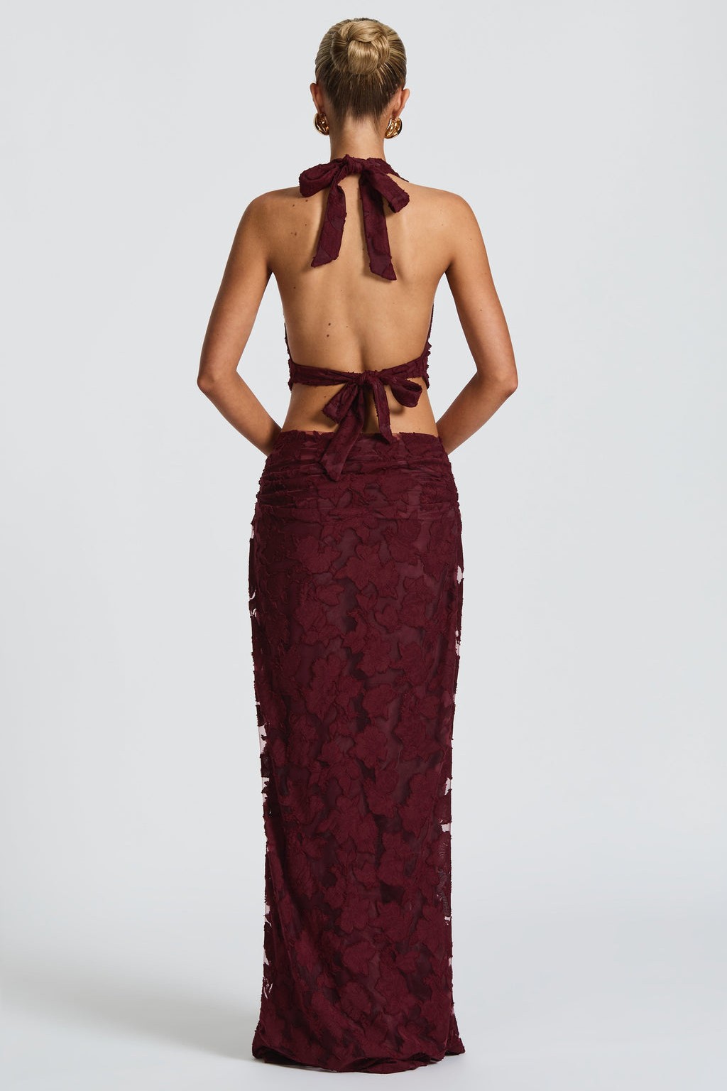 Burn-Out Tie-Up Halter Neck Top & Mid Waist Midi Skirt Set