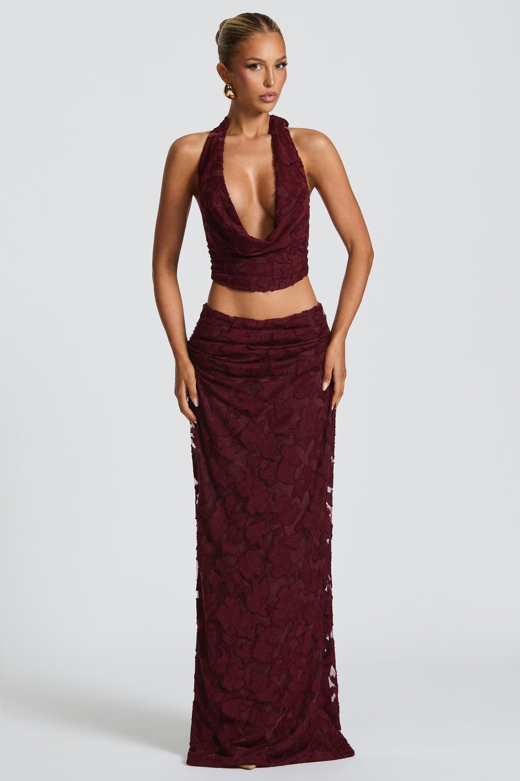 Burn-Out Tie-Up Halter Neck Top & Mid Waist Midi Skirt Set