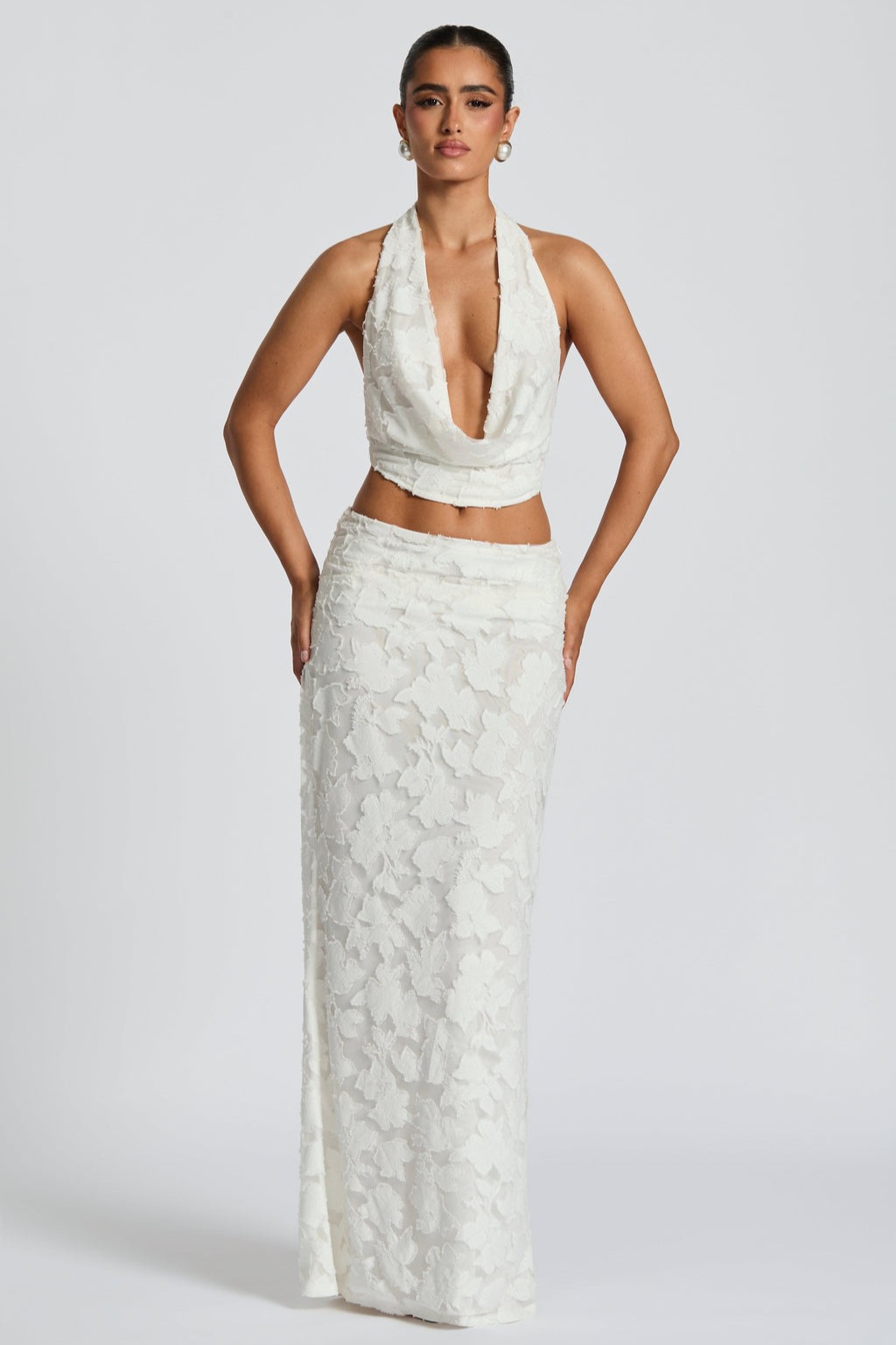 Burn-Out Tie-Up Halter Neck Top & Mid Waist Midi Skirt Set