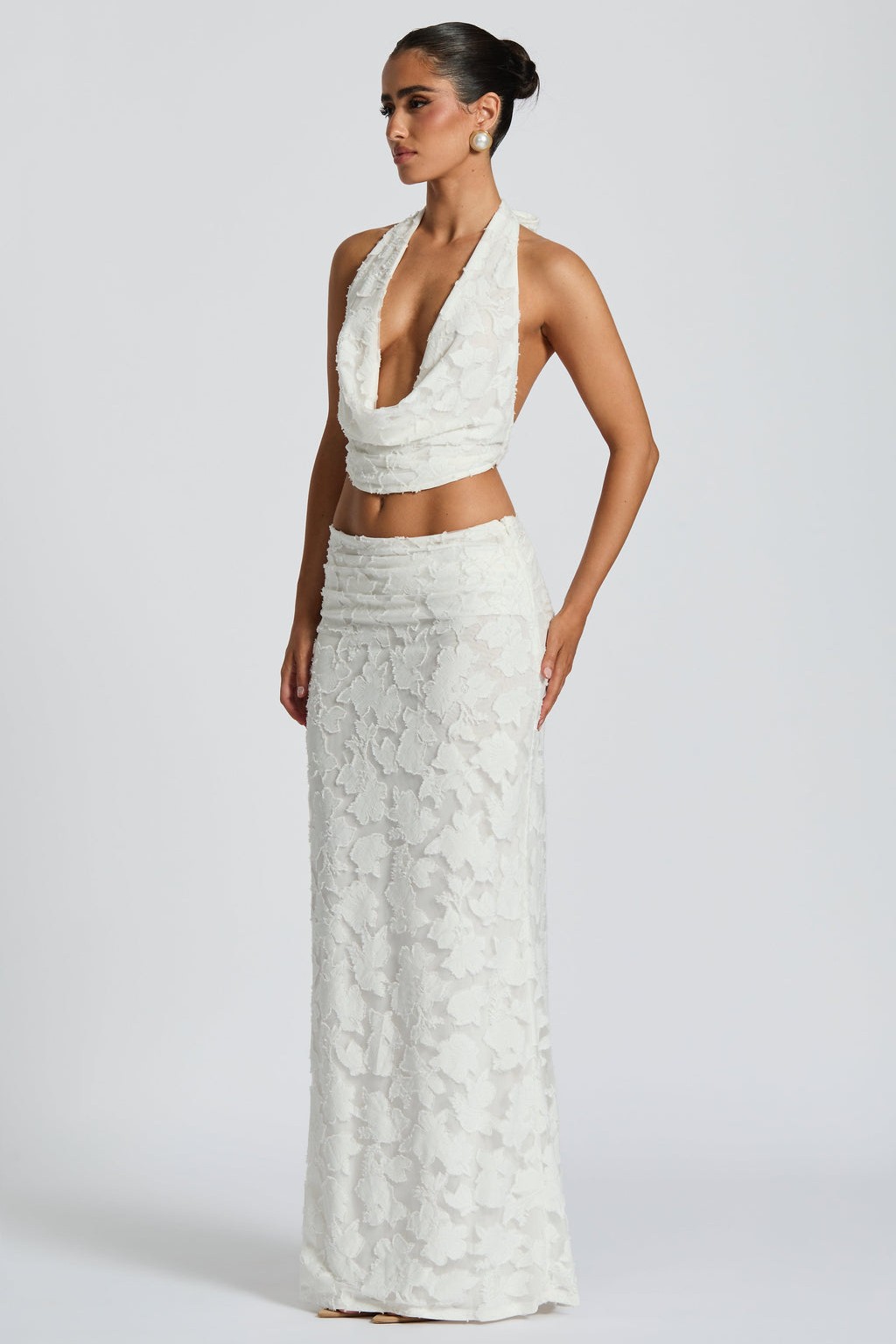 Burn-Out Tie-Up Halter Neck Top & Mid Waist Midi Skirt Set